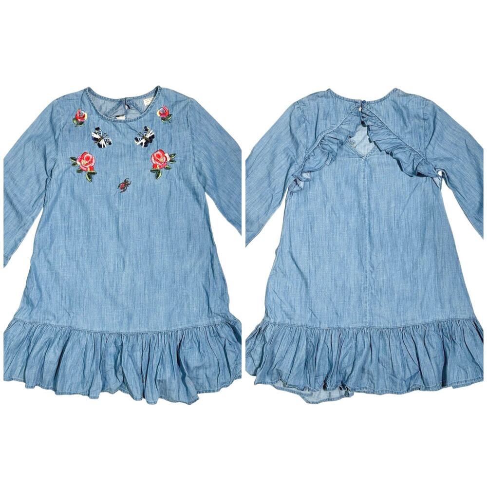 Zara | Girl | Embroidered Sequin Floral Butterfly Denim Chambray Dress | Sz 10